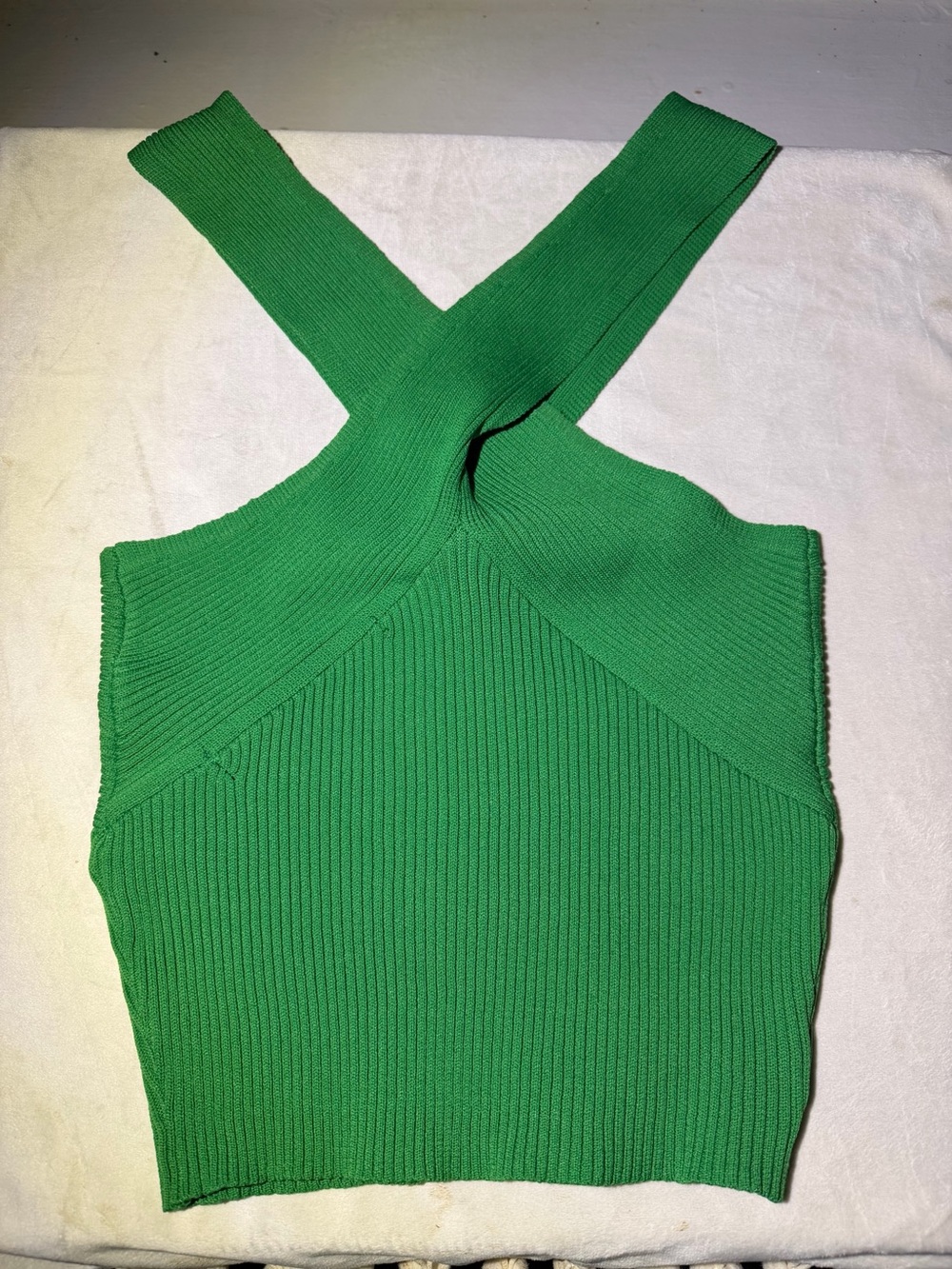Green Ribbed Knit Halter Crop Top S
